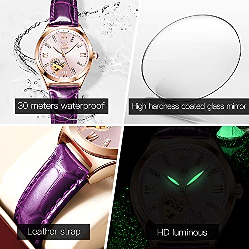 Image of OLEVS Watches for Women Automatic Ladies Watch Mechanical Leather Strap Self-Winding Diamond dial Waterproof