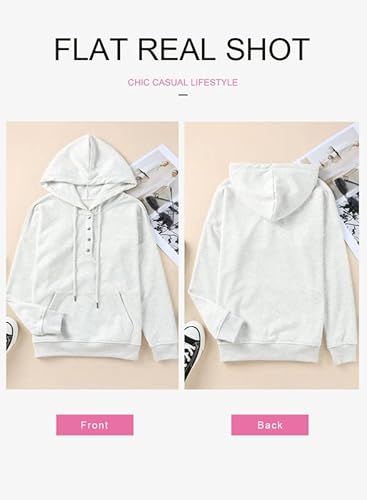 Dokotoo Sweatshirt for Women Oversized Long Sleeve Drawstring Button V Neck Casual Lightweight Soft Hoodie Pullover Cute Sweatshirts Hooded Tops 2025 Fall Fashion Outfits Winter Clothes Grey Large