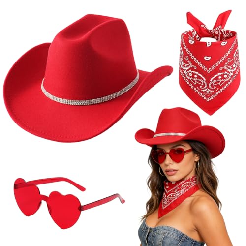 VorPrillynt Cowboy Hat Set 3PCS Western Cowboy Hat Set with Unique Bull Head Sunglasses and Square Scarf Costume Accessories Multi Functional for Cowgirl Theme Bachelorette Party 3