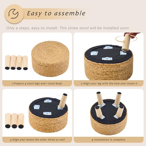 LGENHOOM Handwoven Round Ottoman, Natural Water Hyacinth Outdoor Patio Pouf Seagrass Low Stool with Wood Legs, Soft Padded Footrest for Living Room Bedroom Garden, Green