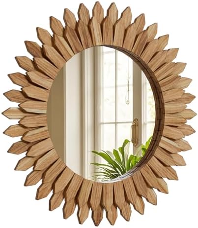 24 Inch Brown Boho Wall Decor Sunburst Mirror - Round Wooden Wall...