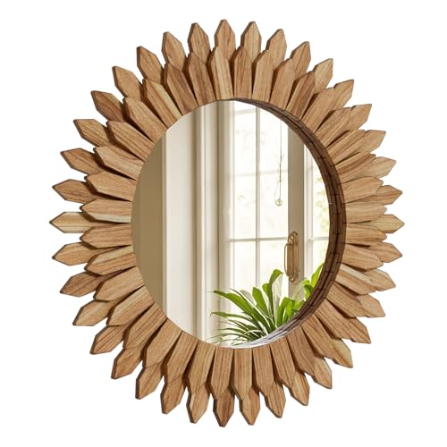 VETROVUE 24 Inch Brown Boho Wall Decor Sunburst Mirror - Round Wooden Wall Decor, Handmade Rustic Circular Mirror for Living Room, Bedroom, Entryway, Office