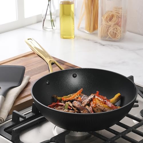 Oster Platinum Abbottsford 11-Inch Matte Black Ceramic Nonstick Wok with Gold Stainless Steel Handle — Flat Bottom, Oven & Induction Safe - Thumbnail 3
