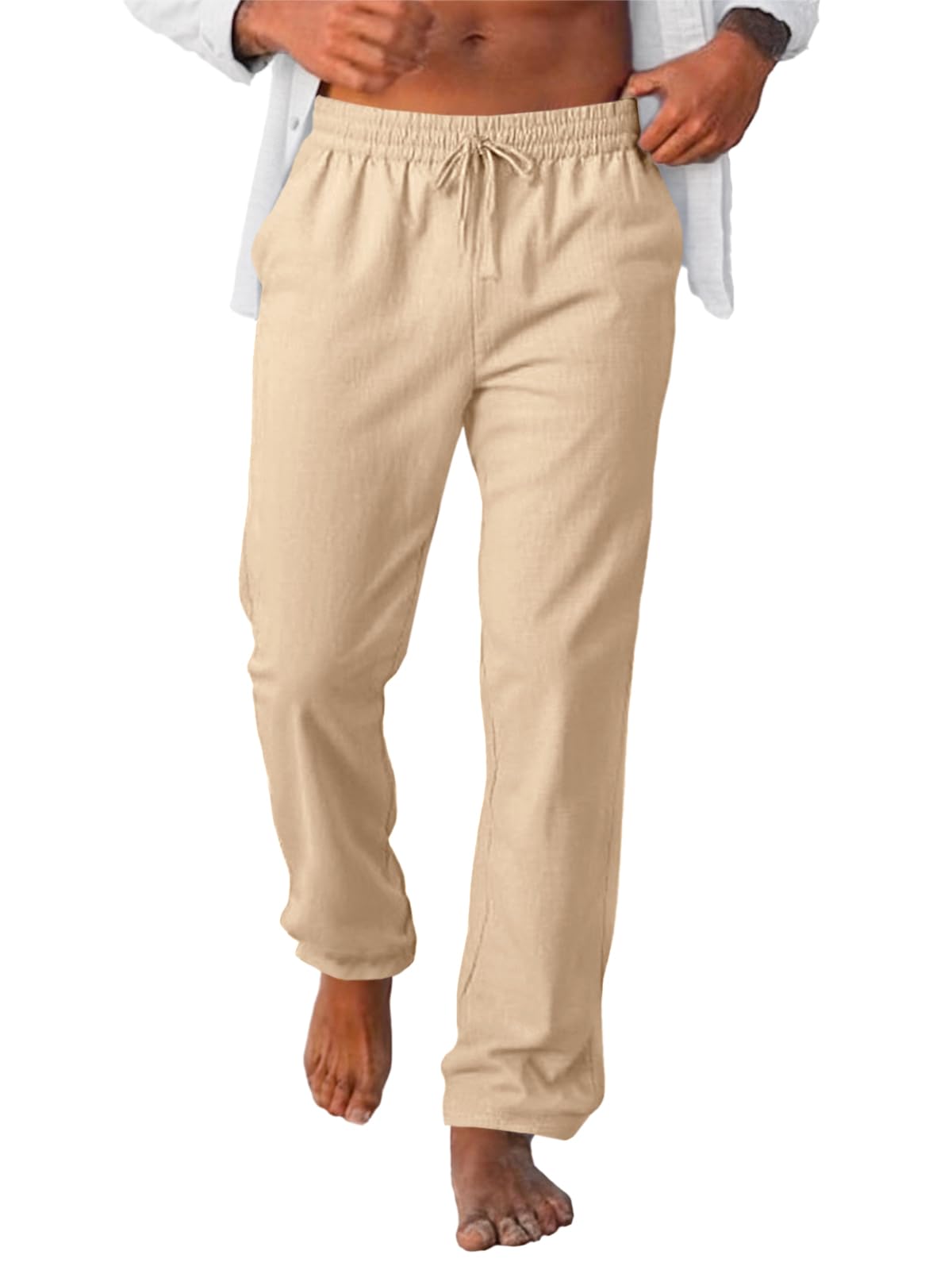 Runcati Mens Casual Pants Drawstring Elastic Waist Lightweight Linen Pants Loose Fit Straight Legs Beach Trousers