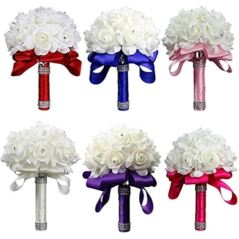 1/6pcs Handmade Bridal Wedding Flower Rose Crystal Bouquet Foam Silk for Bride Bridesmaid Flower-Girl Birthday (Red) Cover