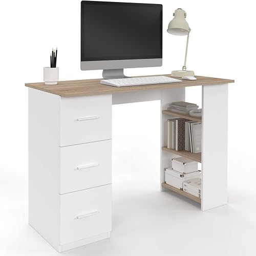 Bureau Droit Mae 3 tiroirs avec étagères de Rangement Blanc et B IDMarket