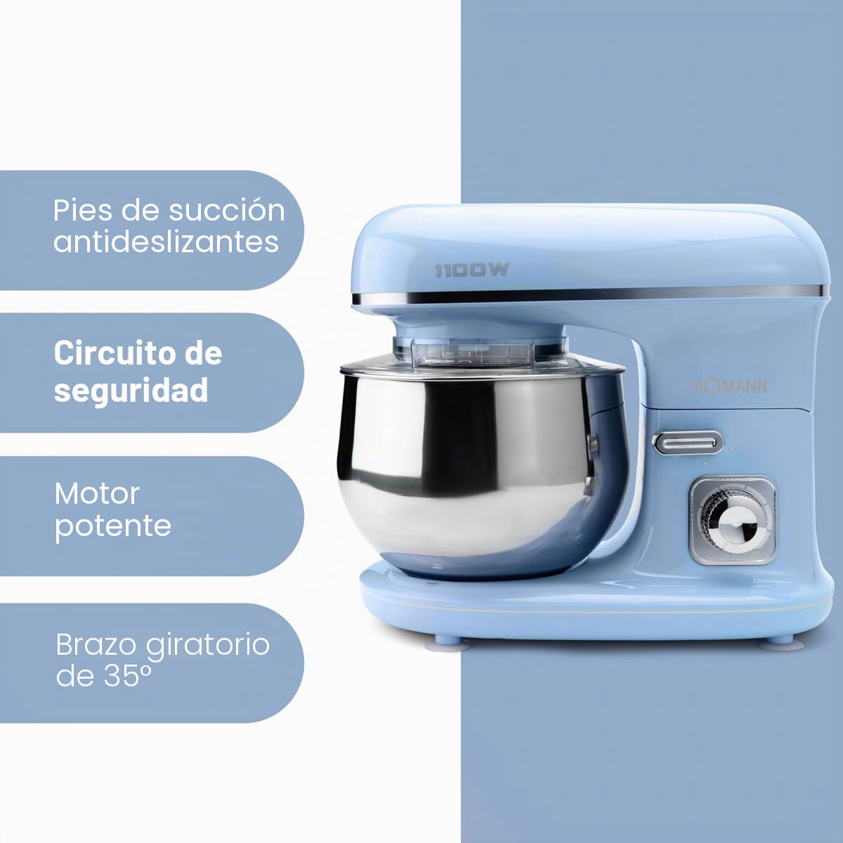 Bomann KM 6030 Batidora Amasadora Repostería Capacidad de 5 Litros, Velocidad Regulable Electrónica, Serie Rock & Retro Estilo Vintage, 1100 W, Azul Patel