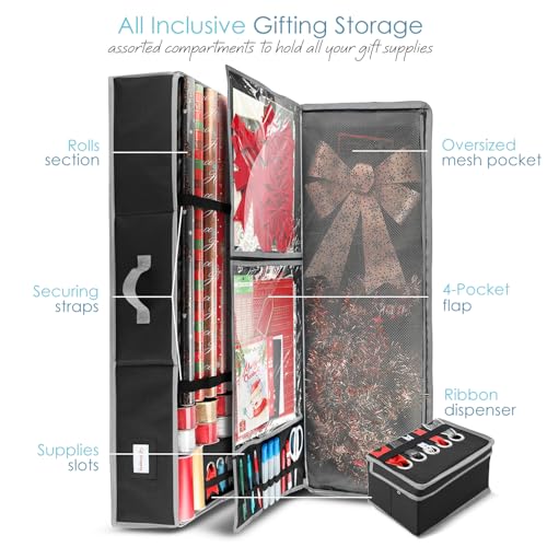 Image of Hearth & Harbor Wrapping Paper Storage Container with Ribbon Storage Organizer - Christmas Storage Bag with Extra Interior Pockets - Gift Wrapping Organizer Storage Fits Up to 26 Rolls of 40 inch Length