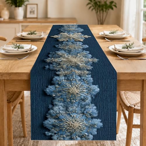 Image of Nuxovilar Blue Snowflake Table Runner Flax 13x72 in | Holiday Runner Flax Placemats Dining Accessories Set Winter Dinner Holiday Event Room (Blue Snowflake)