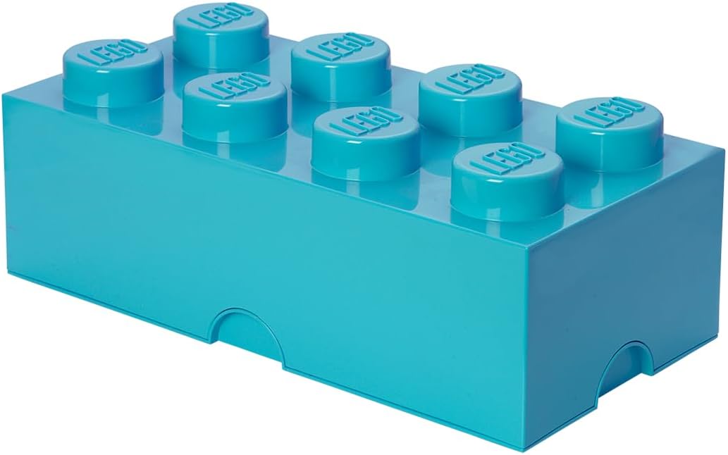 Room Copenhagen LEGO-like Stackable Plastic Box with Flip Top Lid and Solid Surface, 9.8” x 19.6” x 7.1”, 12 L, Medium Azure