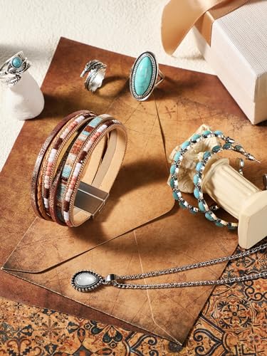 Image of Ecally Bohemian Western Jewelry Turquoise Set Women Country Pendant Long Choker Layered Bracelets Earrings Ring for Women