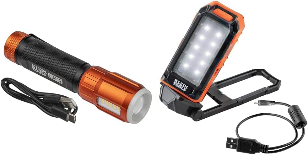 Klein Tools Rechargeable LED Flashlight with Worklight & 56403 LED Light, Rechargeable Flashlight/Worklight with Kickstand and Carabiner, Charges Small Electronics, for Work, Camping
