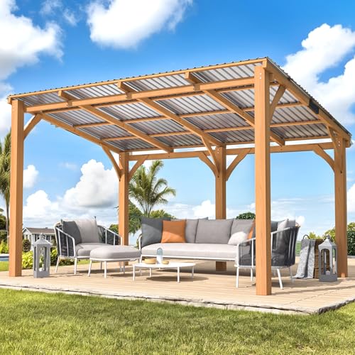 AECOJOY 10'x14' Outdoor Wood Ceder Gazebo for Patio, 14x10 Outdoor Lean to Hardtop Pergolas and Gazebos Clearance, Wall Mounted Wooden Gazebo Heavy Duty Metal Awnings for Patio, Decks, Backyard