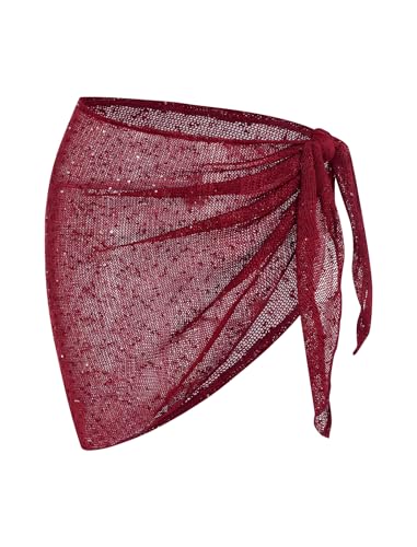 Image of ZAFUL Sarong Coverups for Women Beach Vacation Fishnet See Thru Tie Side Bathing Suit Cover Up Mini Skirt