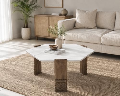 Image of The Attic Marvo Coffee Table Set of 2 for Living Room, Hexa Shape, Wooden Carved Legs, White Marble and Natural Wood