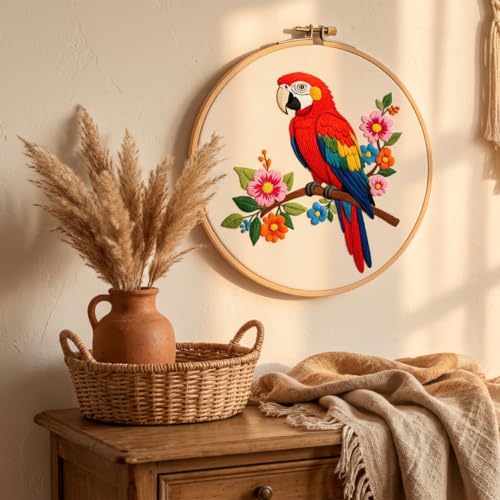 Image of Nuberlic Parrot Embroidery Kit for Beginners, Animal Cross Stitch Kit | Includes Printed Fabric, Hoop, Threads, Needles And Guide; Colorful Parrot Design For DIY Wall Decor, Gifts And Relaxing Art