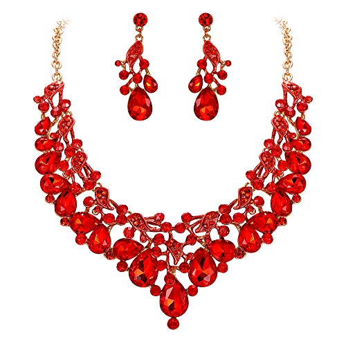 BriLove Wedding Bridal Jewelry Set for Women Austrian Crystal Teardrop Cluster Statement Necklace Dangle Earrings Set Ruby Color Gold-Toned