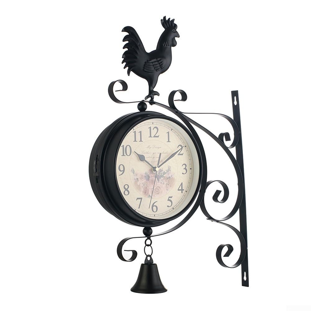 Oniissy Orologio da parete a doppio lato, con campana e gallo, orologio da giardino per esterni, stazione ferroviaria, orologio vintage da parete, decorazione da giardino all'aperto