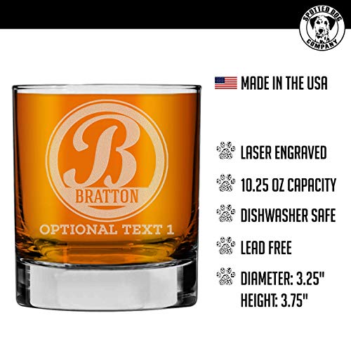 Personalized Etched 10.25 Oz Whiskey Glass - Custom Engraved Bourbon Christmas Gifts For Men, Dad Scotch Drinking Birthday Glasses, Groomsmen, Liquor Cocktail Rocks Old Fashioned, Bratton Monogram #TOP3