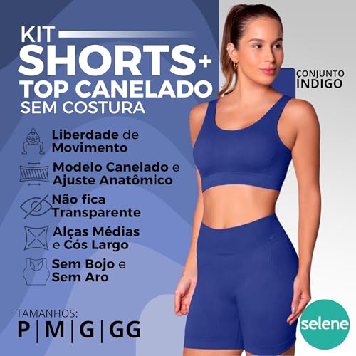 Conjunto Fitness Sem Costura Selene Short e Top Academia Feminino Adulto | Azul Índigo | G