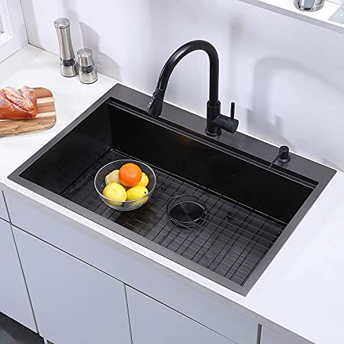 Vapsint 33 X 22 Inch Large Single Bowl Topmount Black Drop In Kitchen Sink,304 Workstation Stainless Steel Kitchen Sinks Deep Overmount Basin Sink With Grid,Drainer,Cutting Board And Colander #TOP1