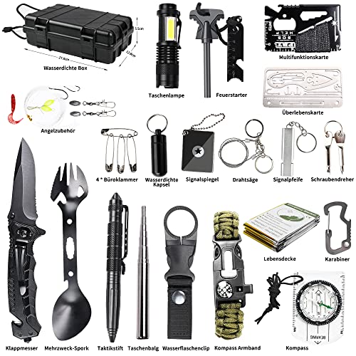 FINIBO Survival Kit 21 in 1, Outdoor Ausrüstung, Außen Notfall Set mit Kompass Taktische Taschenlampe und Weiterem Zubehör, für Camping, Bushcraft, Wandern, Jagde, Abenteuer, Schwarz, 20.6*12.8*5.5cm