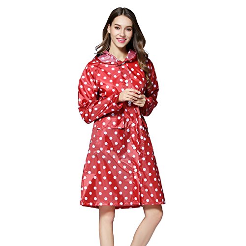 X-Labor Damen Punkte Regenmantel mit Kapuze Tasche Wasserdicht Atmungsaktiv Regenjacke Regencape rot Cover