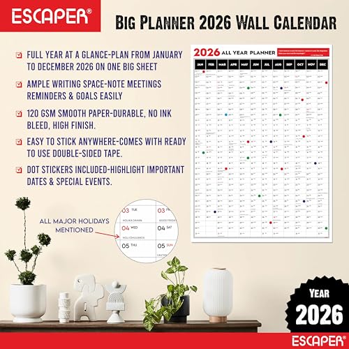 Image of ESCAPER Big Planner 2026 Wall Calendar (18 x 25 inches) with Dot Stickers, Single Sheet Yearly Layout, 120 GSM, Daily Organizer for Home, Office & Study