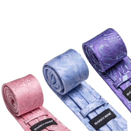 Image of Barry.Wang 6 PCS Men Ties Set Silk Business Fashion Woven Necktie Handkerchief Cufflinks Paisley Stripe Wedding Party