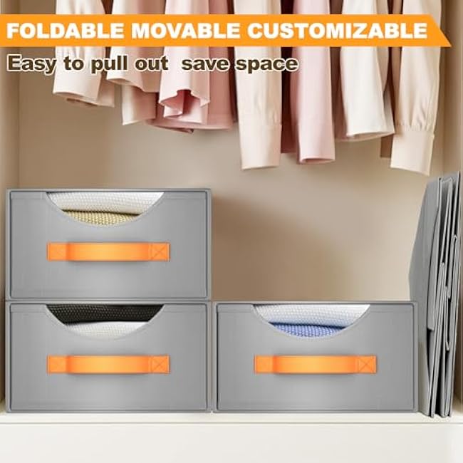 Large Closet Storage Bins with Drawer, Fabric Bins for Organization, Collapsible Storage Drawers Organizer for Bedroom, Living Room, 4 Pack, Grey