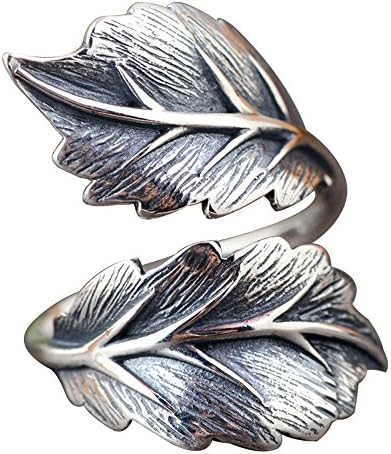Black Solid 925 Sterling Silver Leaf Ring Tree Leaves Ring for Women Girls Open and Adjustable