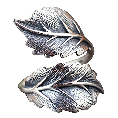 ForFox Bague Feuille en Argent Sterling 925 Massif Noir pour Femme Filles Ouvert et réglable Cover
