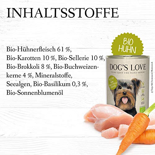 DOG'S LOVE Hundefutter nass getreidefrei in 100% Bio-Lebensmittelqualität Aller Rohstoffe und hohem Fleischanteil, Premium Nassfutter Made in Austria – von Veterinären geprüft – Huhn Adult (6 x 400g)