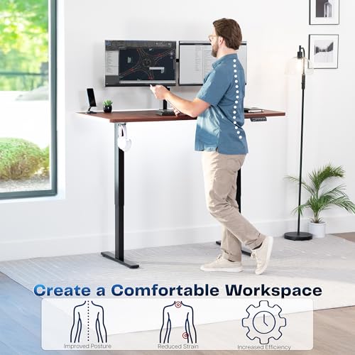 Image of VIVO Dark Walnut 60 x 30 in Standing Desk, DESK-KIT-1B6D-30 | Electric, Holds 220 lbs, Sit Stand, Height Adjustable, Extra Deep Table Top, Memory Presets, 1B Series, Black Frame