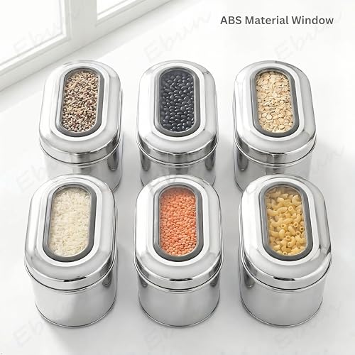 Image of Ebun Stainless Steel Top See Through Containers | Stainless Steel Container with Lid | Capsule Shape Steel Kitchen Containers Set | Steel Airtight Container | 500 Gms Capacity Approx | Pack of 6