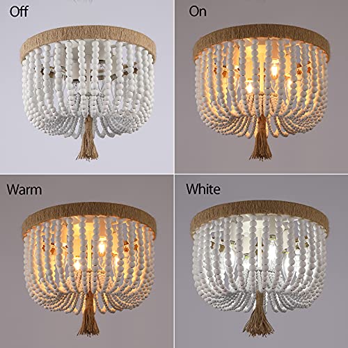 Kaerdi Beaded Light Fixture Flush Mount Ceiling Light White Bohemia Antique Farmhouse Wood Boho Chandelier For Kitchen Island Bedroom Dining Room Entryway Hallway，4-Light #TOP3