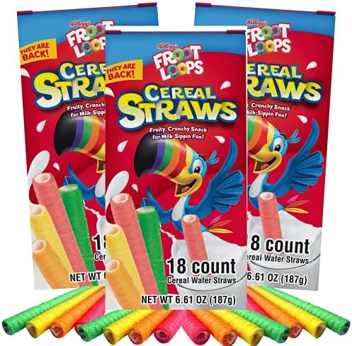 2023 Kellogg's Cereal Straws Froot Loops Edible Breakfast Straw Alternatives for Milk, 90's Childhood Nostalgic Treat for Drinking and Eating, Cereals for Kids, Pack of 3, 18 Count