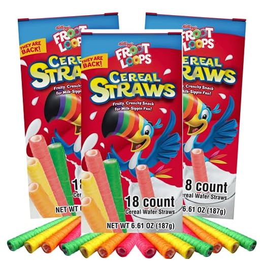 2023 Kellogg's Cereal Straws Froot Loops Edible Breakfast Straw Alternatives for Milk, 90's Childhood Nostalgic Treat for Drinking and Eating, Cereals for Kids, Pack of 3, 18 Count