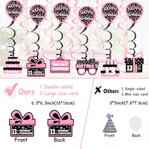 Image of 13th Birthday Decorations for Girls, Pink Black Official 13th Teenager Banner Party Decorations, Happy Thirteen Birthday Decor Double-Sided Card Pompoms Hanging Swirls for 13 Years Girls Gifts 48pcs