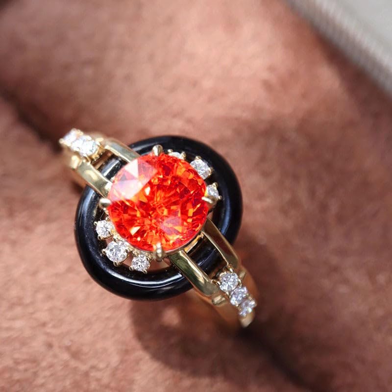Image of 18k Gold Two Tone Vintage Shiny Ruby Crystal Vintage Heavy Industry Gold Plated Black Agate Antique Colorful Treasure Ring Size 8