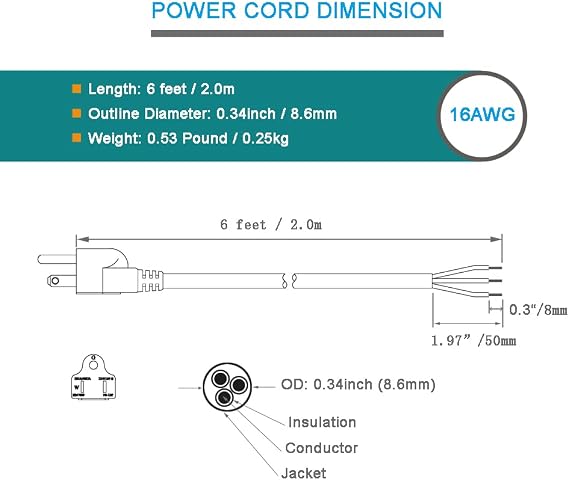16 Gauge Power Cord Pigtail 16AWG Replacement Power Cord Open End 3 Wire NEMA 5-15p Plug 3 Prong 6 Feet Heavy Duty SJT Power Supply AC Cable 120V, 13A, 1625W