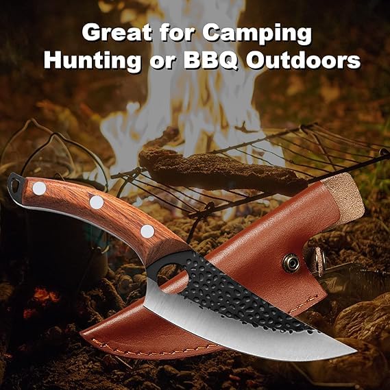 Image of 8 Inch Butcher Knife Hand Forged Boning Knife with Sheath Viking Style, High Carbon Steel Japanese Chef Knife Chopping Knife for Kitchen