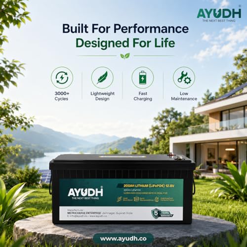 Image of AYUDH 12V 200AH Lithium Ferro Phosphate (LiFePO4) Battery for Inverter and Solar Applications | Bluetooth Monitoring | Fast Charging Capability | Integrated BMS Protection | 5 Year Warranty