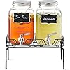 1-Gallon Glass Drink Dispenser with Stand and Lid, 18/8 Stainless Steel Spigot, [2 Pack] Glass Beverage Dispensers for Parties - Mason Jar Drink Dispensers with Lids, Wooden Chalkboards