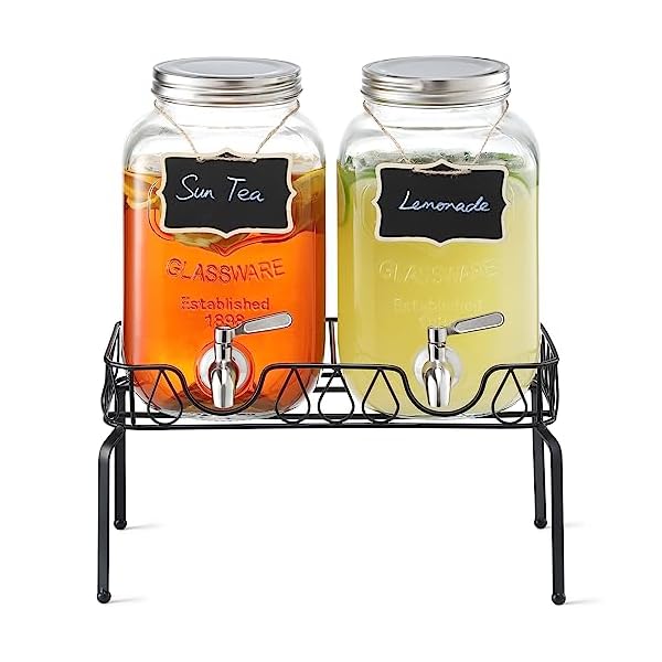 1-Gallon Glass Drink Dispenser with Stand and Lid, 18/8 Stainless Steel Spigot, [2 Pack] Glass Beverage Dispensers for Parties - Mason Jar Drink Dispensers with Lids, Wooden Chalkboards