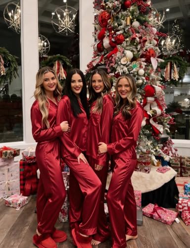 Image of SWOMOG Long Sleeve Pajamas Set Silk Satin Sleepwear Button Down Pjs Loungewear with Pocket