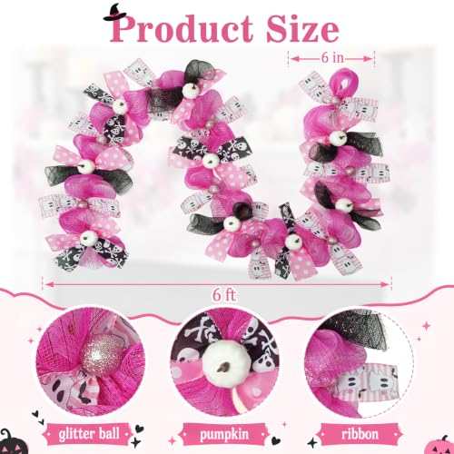 Pink Halloween Garland, Ghost Garland for Mantel, Farmhouse Halloween Decor | Cute Pink Ghost Decor with Pumpkins & Ribbons, Pastel Halloween Decorations for Mantel, Fireplace, Staircase & Entryway - image 3