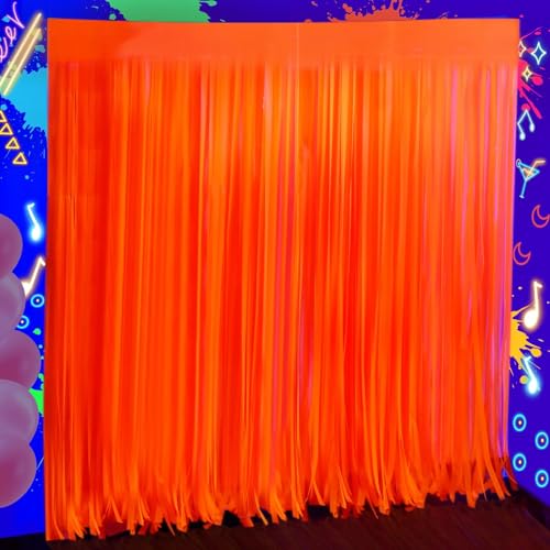 4 Pack Neon Orange Glow Party Decor, 3.3 x 6.6 ft Fluorescent Tinsel Foil Fringe Curtains, Brighten Up Your Photo Booth Space Glow in The Dark Party Supplies (Fluorescent Macaron Orange)
