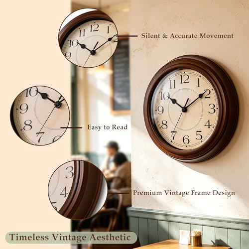 Image of KECYET Wall Clock, 9 Inch Silent Battery Operated Non-Ticking Wall Clock Classic Decorative for Living Room, Kitchen,Office, Bedrooms(Brown)