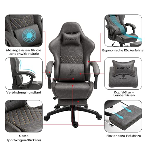 sedia da gioco, da ufficio, da scrivania con massaggio e supporto lombare. Stile vintage sedia girevole con schienale alto e con poggiapiedi regolabile (Blu grigio) - Sedia gaming - Immagine 6